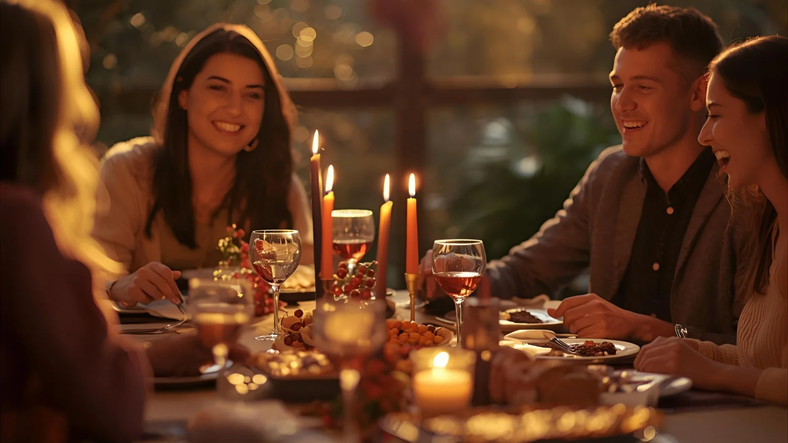 Friends sharing a cozy Friendsgiving dinner at a candlelit table.