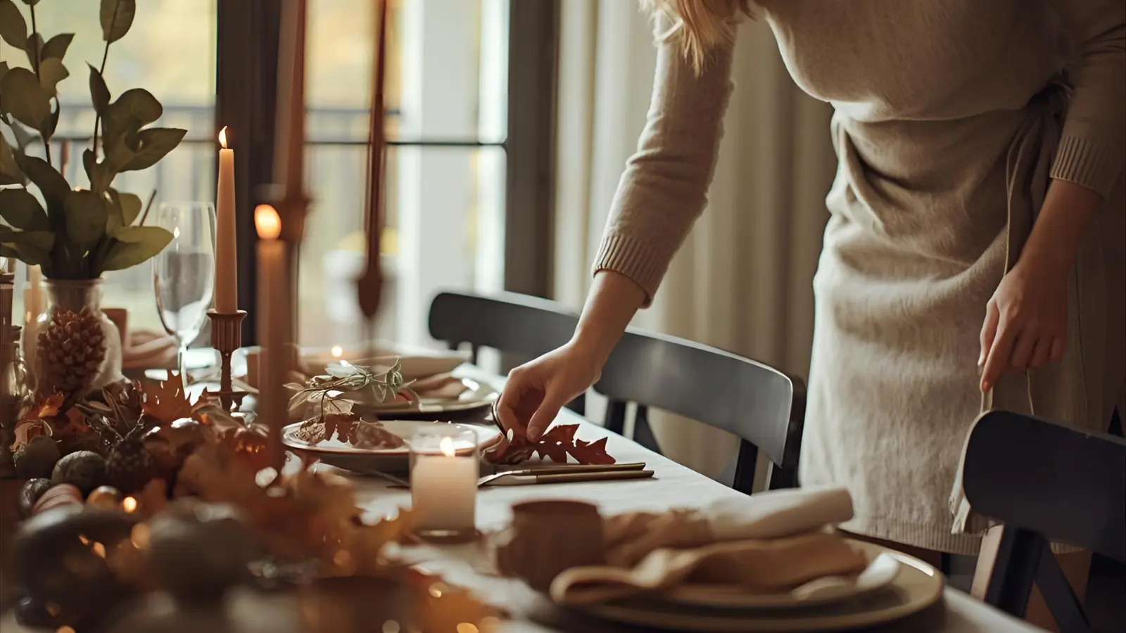 Person in a cozy sweater dress setting a Thanksgiving table in warm fall light.