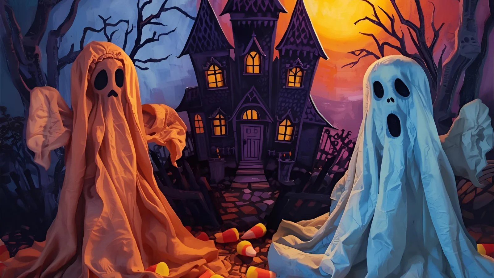 Friends in last-minute Halloween costumes sharing a carousel recap