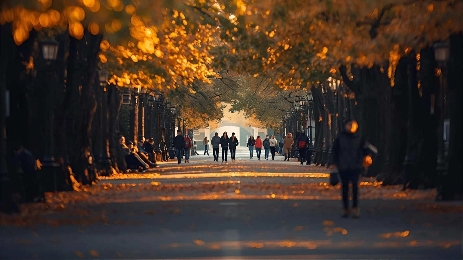 Central Park Mall in fall with golden leaves creating a tunnel of color.