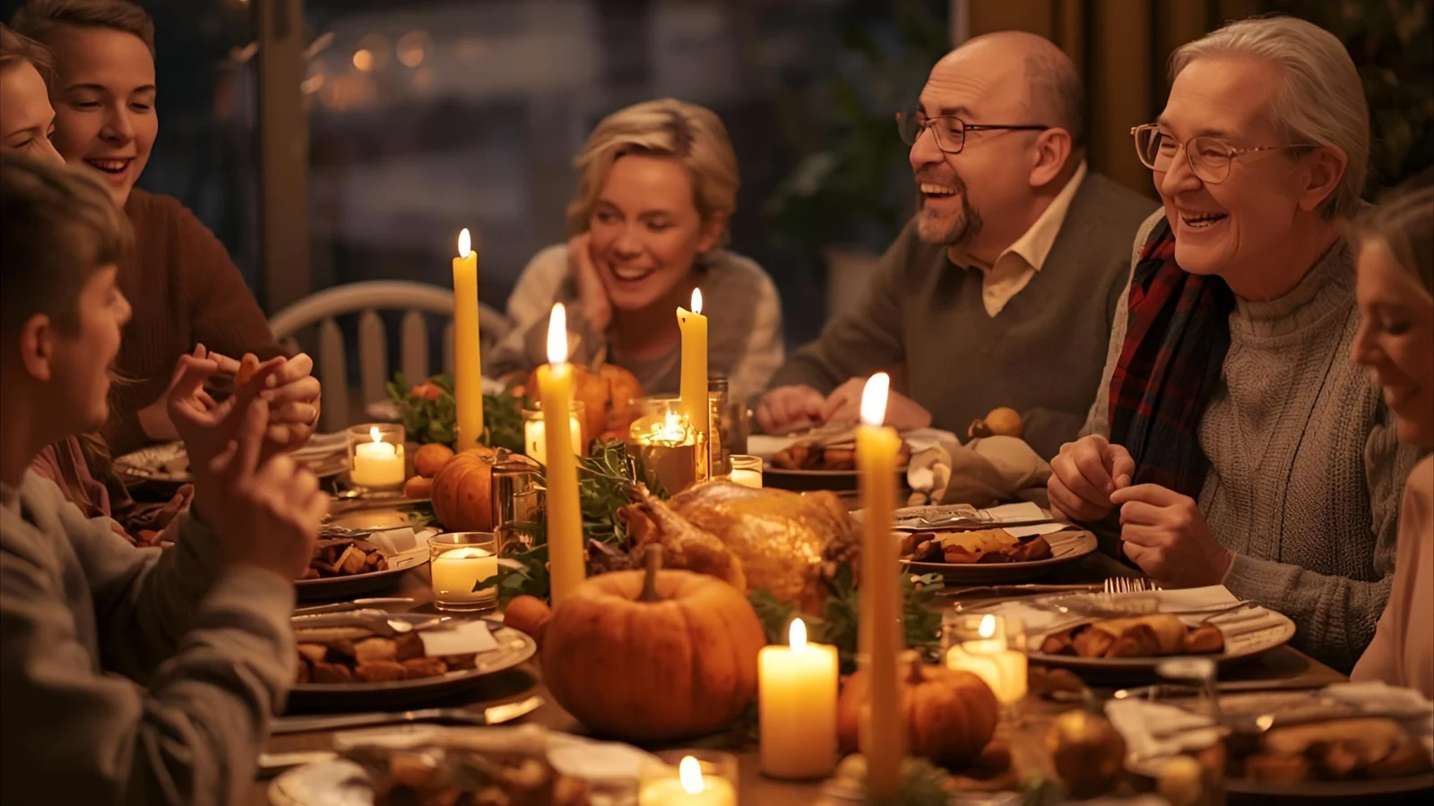 Family sharing a joyful Thanksgiving feast.